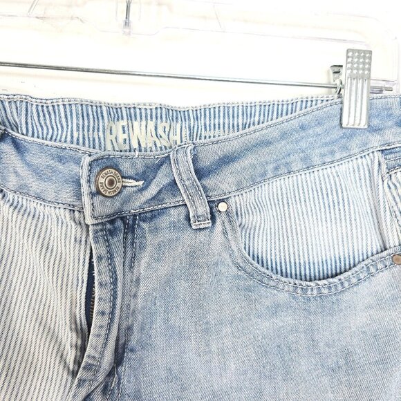 Rewash Blue Colorblock Pinstripe Acid Wash Raw Hem Cut off Denim Mom Shorts - Picture 4 of 7